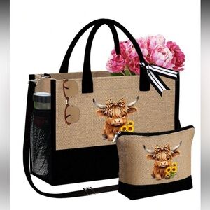 New Highland Cow tote bag with small zippered pouch included